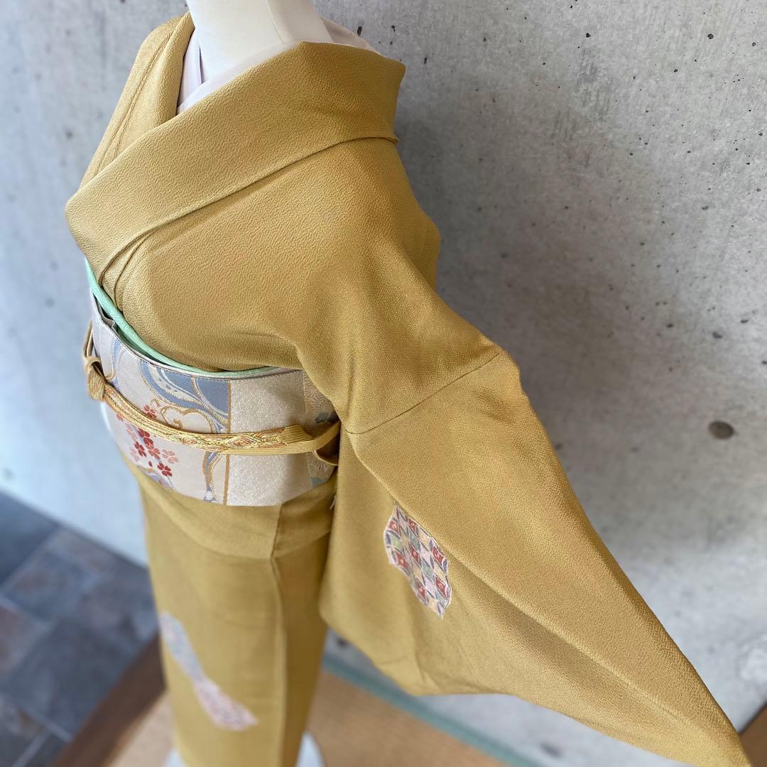 正絹　訪問着　一つ紋　くすみ黄色系　袷