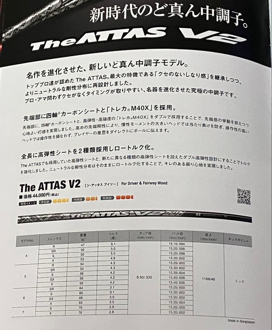 ど真ん中調子★ The ATTAS V2 5S 1w用 ノーカットシャフト 新品