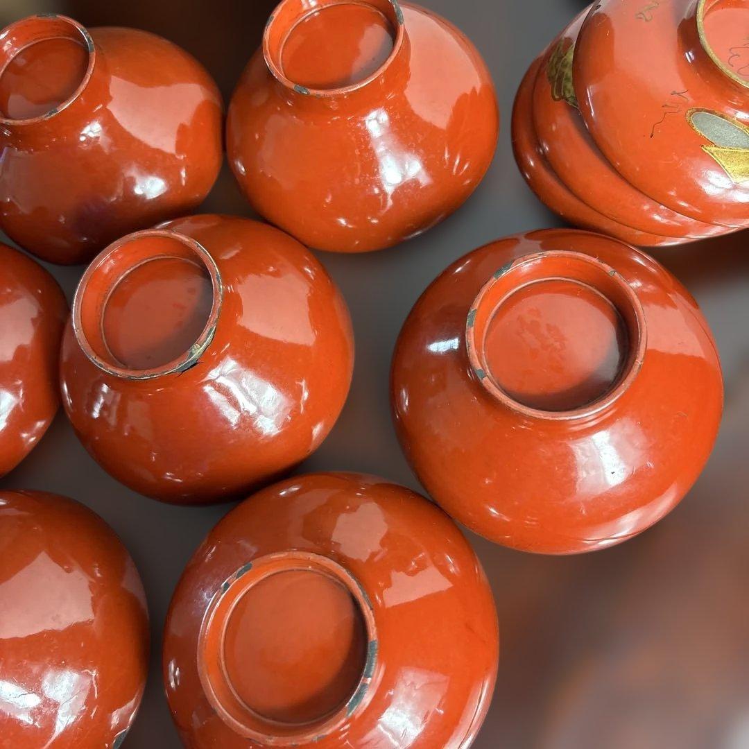 漆器 赤色 金箔装飾 絵変わり和歌 椀 10客セット 共箱