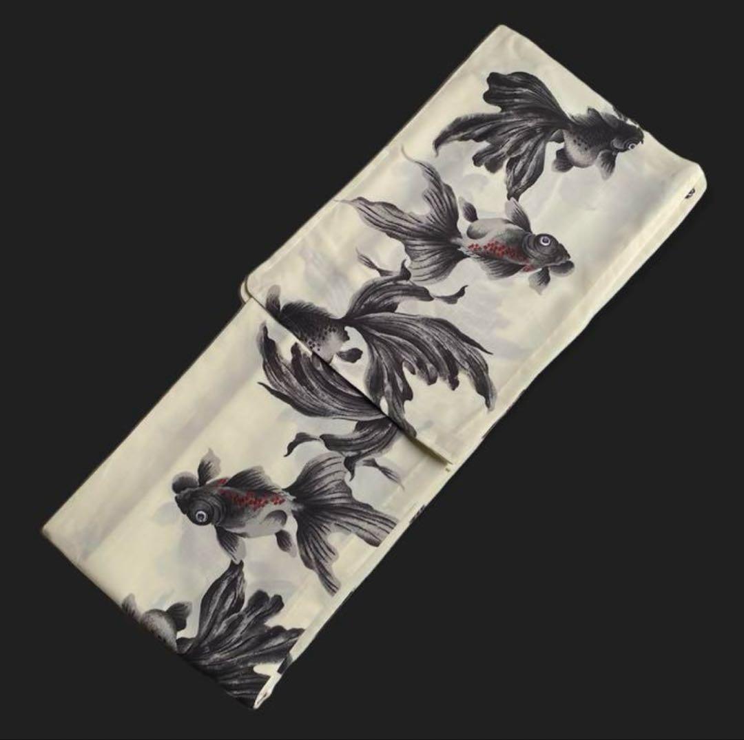 新品浴衣 綿 【白地に黒金魚】可愛い出目金★岡重風★呉服屋さんサンプル品♪