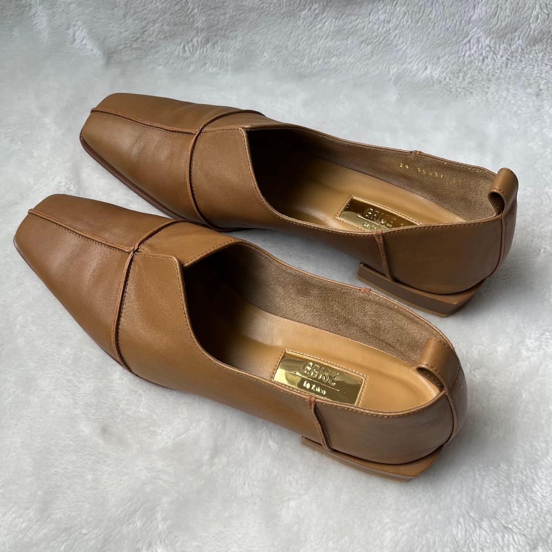 美品☆グリーズ 25cm パンプス レザースクエアクロスシームアンクルフラット