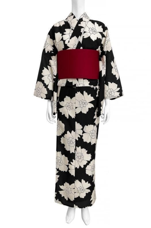 画像の帯＋おまかせ帯締めつき◆ノー皺加工最高級カルキュロ◆古都薫る江戸黒花浴衣◆