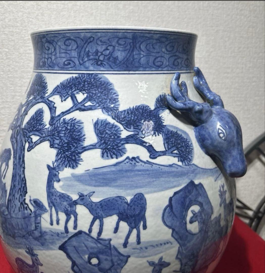 中国美術　百鹿図　鹿耳尊花瓶　青花　大明萬暦年製　骨董　双鹿耳大壺　染付