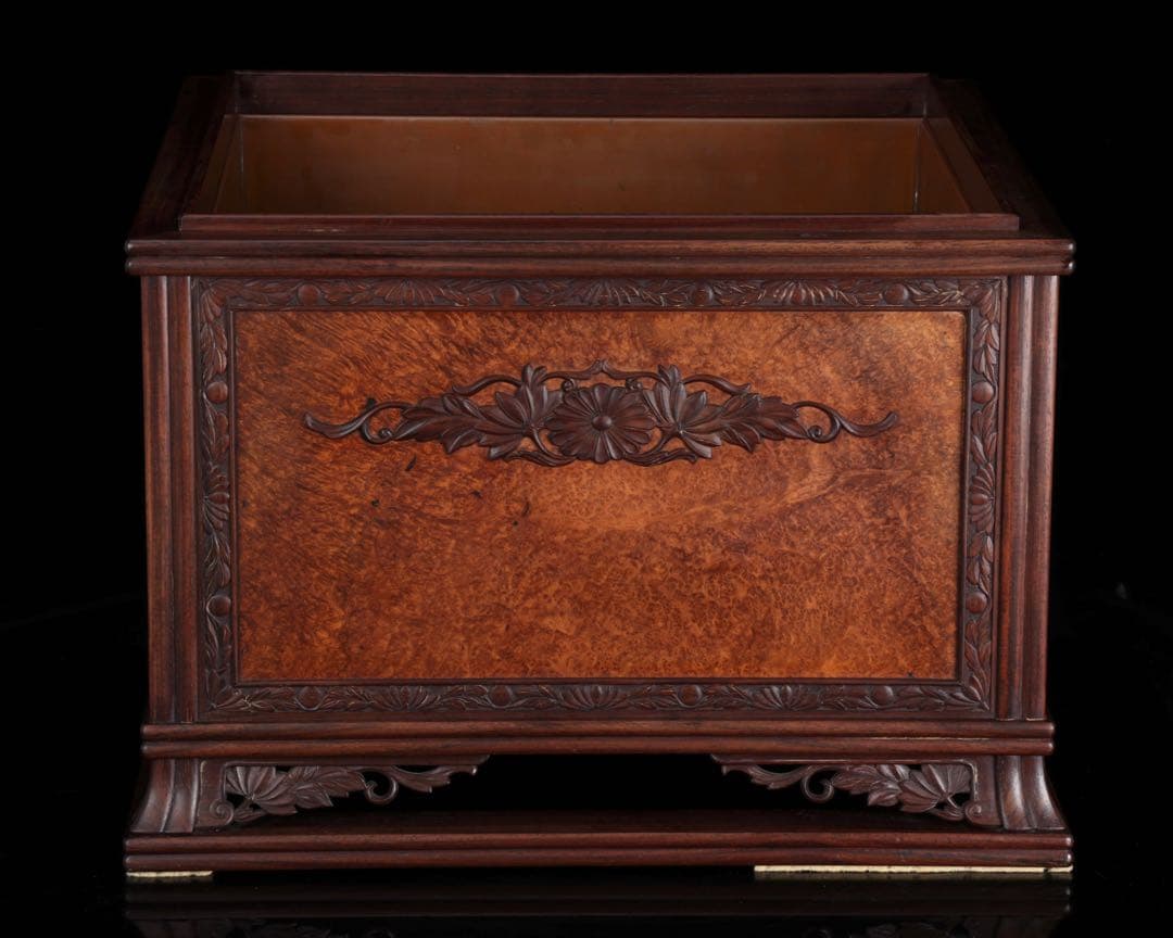 唐木細工師【阿達祥山】 玉葡萄紫檀草飾四方形 火鉢 幅43.5cm 瓶掛 囲炉裏