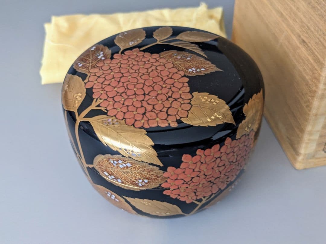 松永松寛　あじさい蒔絵平棗　堀内宗完(兼中斎)書付　共箱　梨地　茶道具　表千家