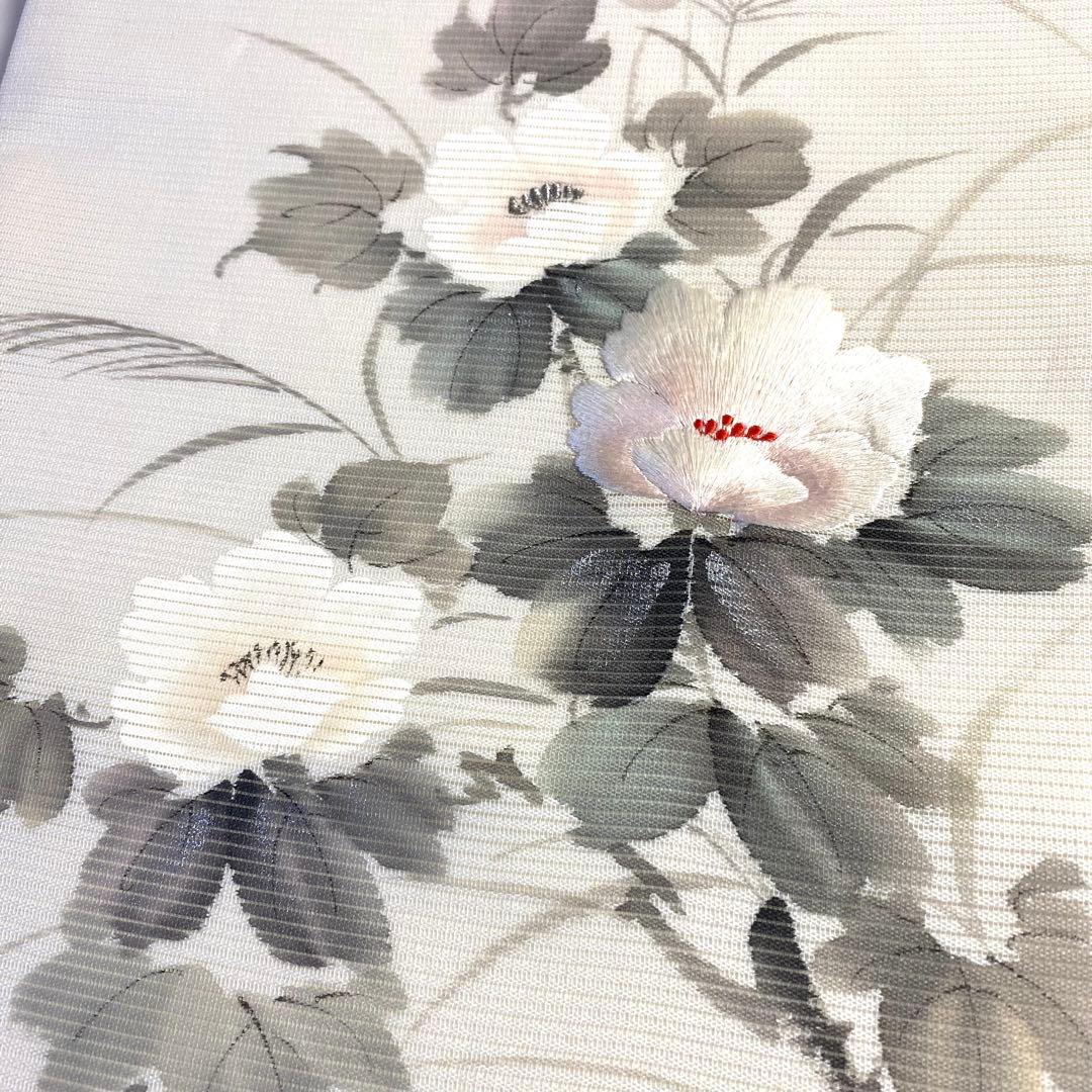 5k897 名古屋帯　絹　夏帯　夏物　絽　落款　旭峯　手書き　蘇州刺繍　白　花柄