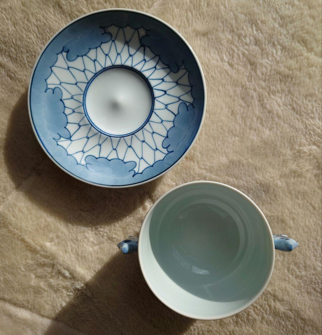 廃盤　館林源右衛門　魚網文双魚耳染め付け茶碗　スープ碗皿　カップ＆ソーサー