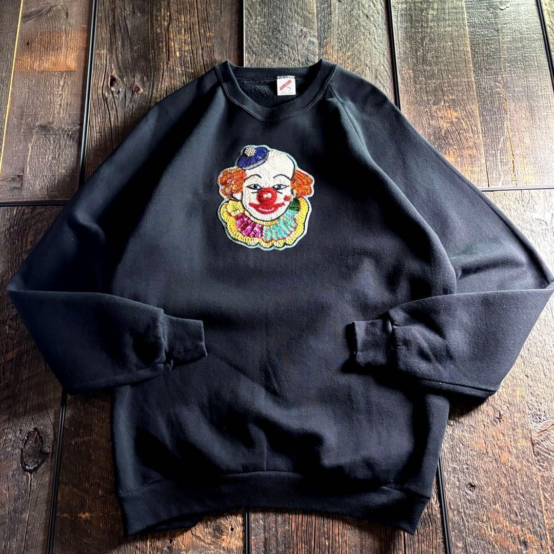 80s USA製　ジャージーズ　ラグランスウェット　ピエロスパンコール刺繍XL.