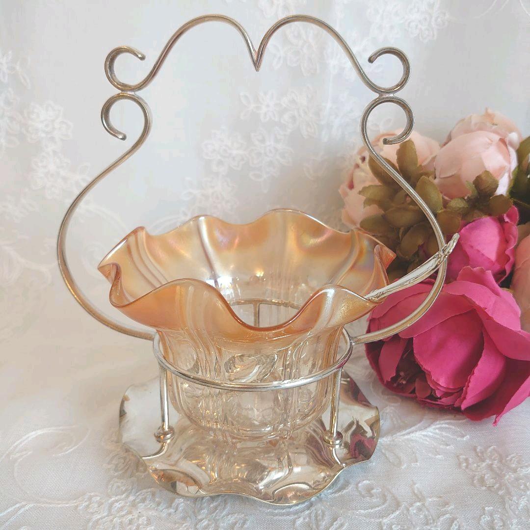 シルバースタンド付ジャムデッシュ　アンティーク　フリルガラス　オーロラガラス