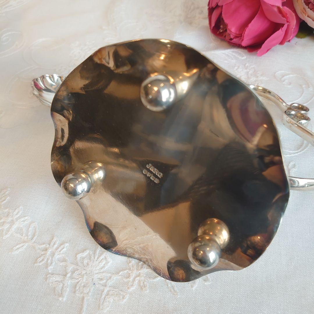 シルバースタンド付ジャムデッシュ　アンティーク　フリルガラス　オーロラガラス