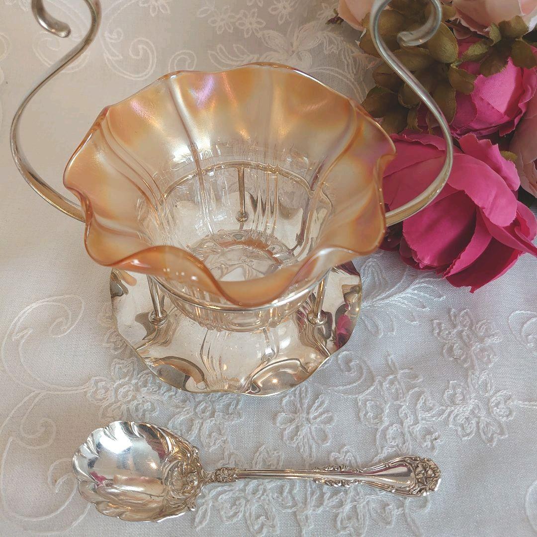 シルバースタンド付ジャムデッシュ　アンティーク　フリルガラス　オーロラガラス