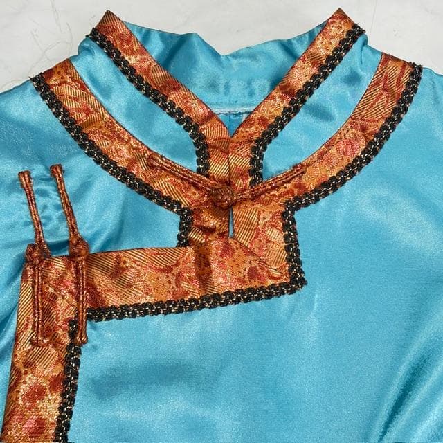 超美品★モンゴル民族衣装デール＆タッセルイヤリングセット ステージ用 水色、金茶