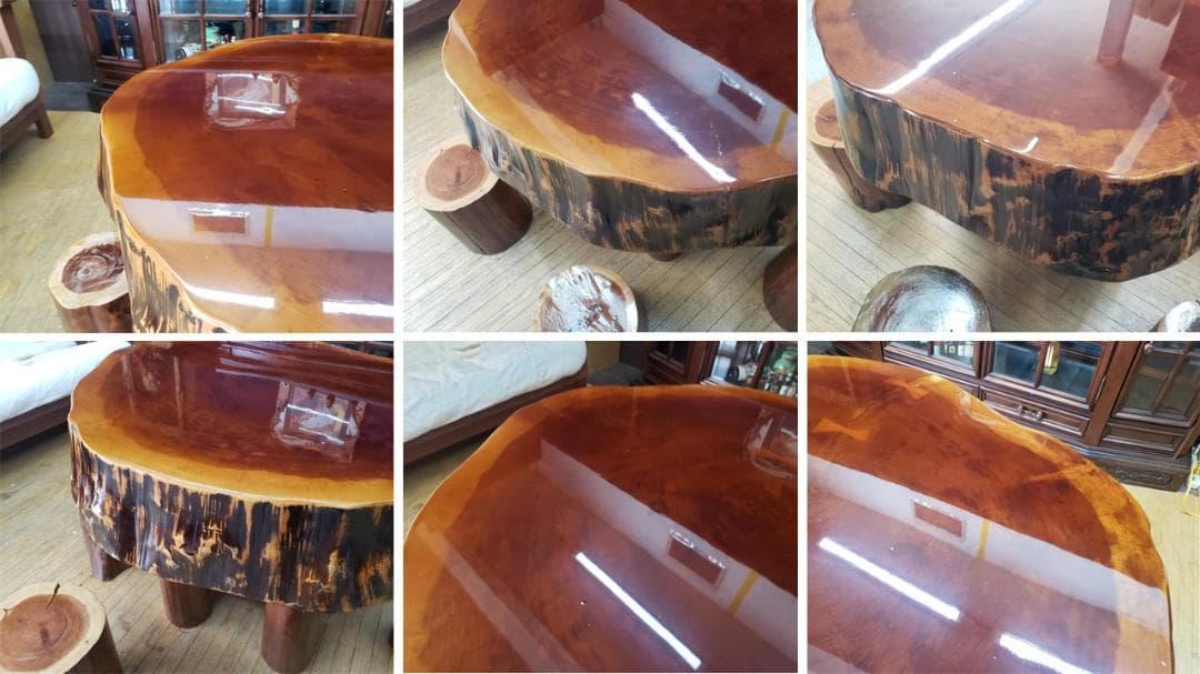 H16　一枚板　丸太脚　 厚み18.5㎝ カウンターテーブル ＆ 丸太椅子6脚