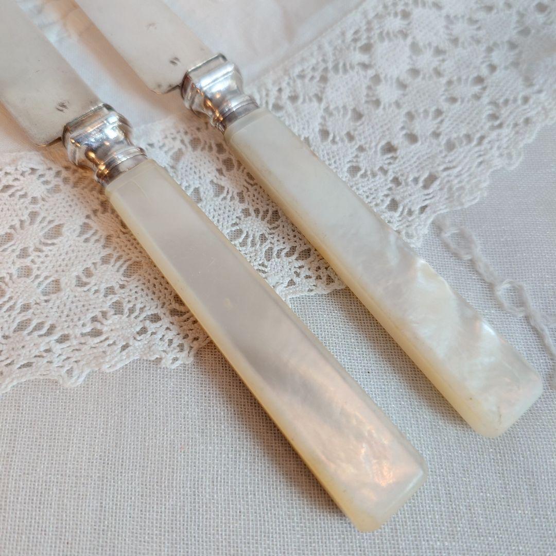 フランス製　純銀　シルバー800 ティーナイフ　マザーオブパール　白蝶貝　2本組