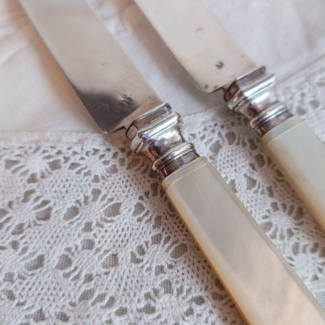 フランス製　純銀　シルバー800 ティーナイフ　マザーオブパール　白蝶貝　2本組