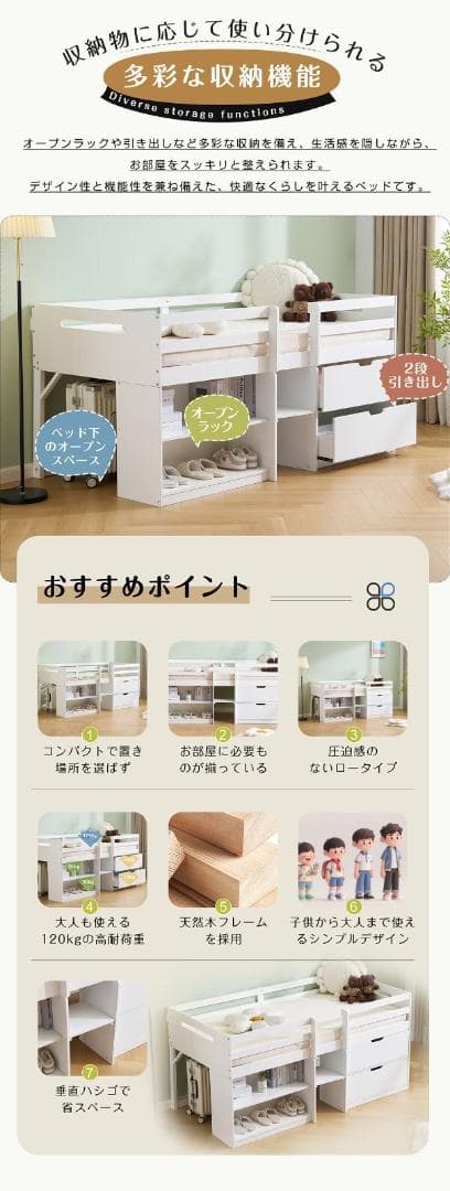 新作限定価格❣ロフトベッド シングル ロータイプ ハシゴ すのこ 引き出し 本棚