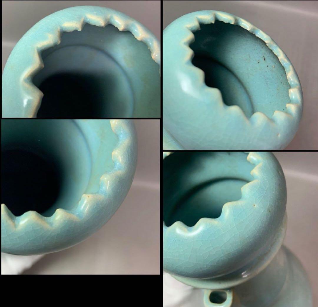 中国 四大名窯宋代汝窯天青釉 莲花口双耳花瓶 がギザギザの瓶