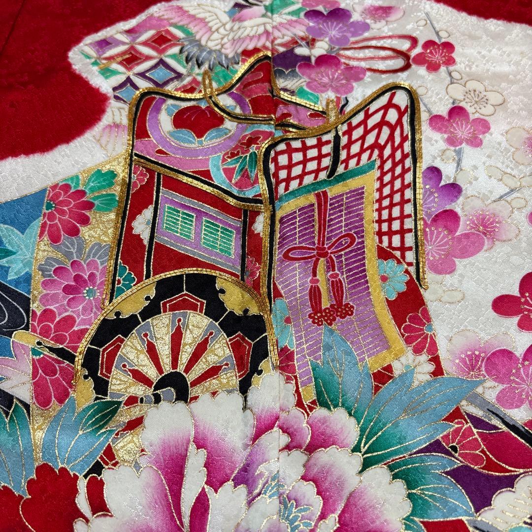 161 正絹　真紅×絞り　疋田　7歳 七五三着物フルセット　和装小物　袋帯