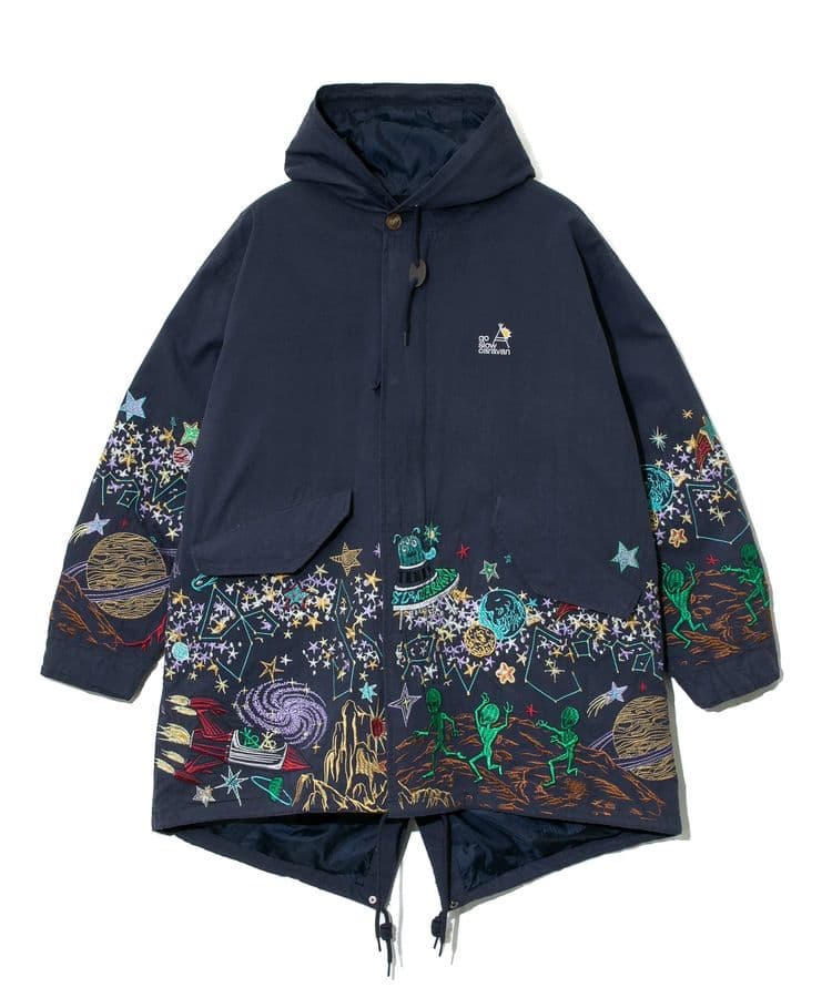 宇宙 ネイビー ロングコート 刺繍モッズコート