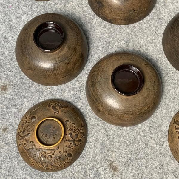 会津塗鉄錆塗木製蒔絵富士山吸物椀4個[B34143]