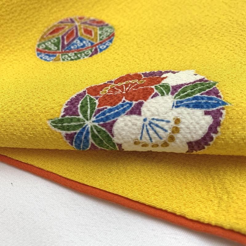 508aj27■ジュニア着物 十三参り 卒業式 縮緬 鞠 黄色 推し色■美品