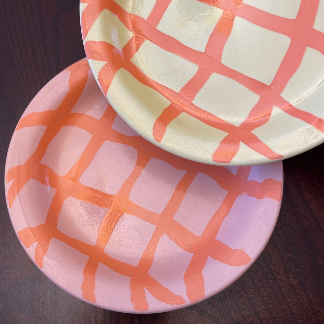 お値下げ最終▪︎竹村良訓 ▪︎17.8cmチェックプレート▪︎イエローとサーモンピンク