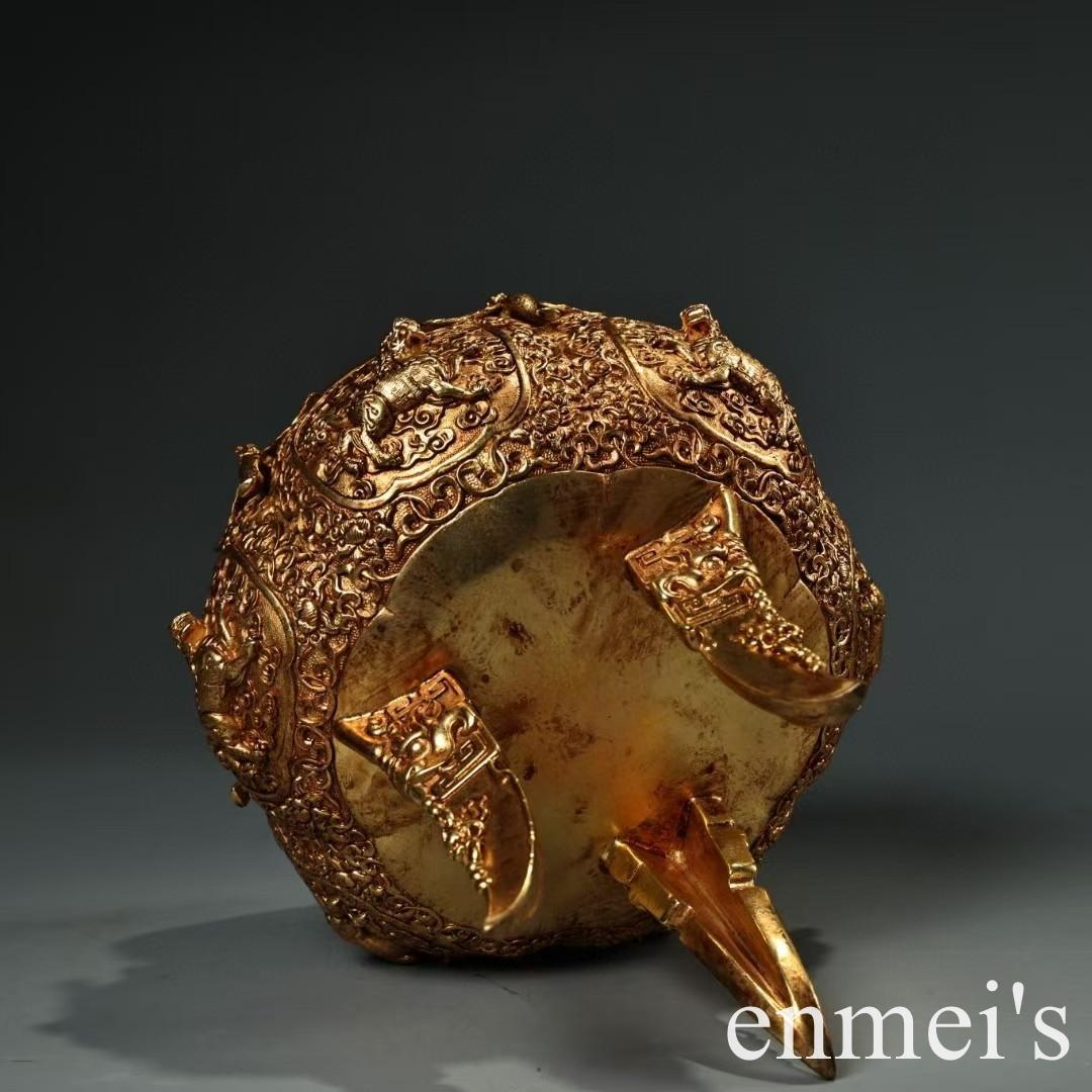 中国古美術・旧蔵六鳳三足獣耳香炉・純銅製・鏨刻鎏金・純手作り・置物・茶道・文房具