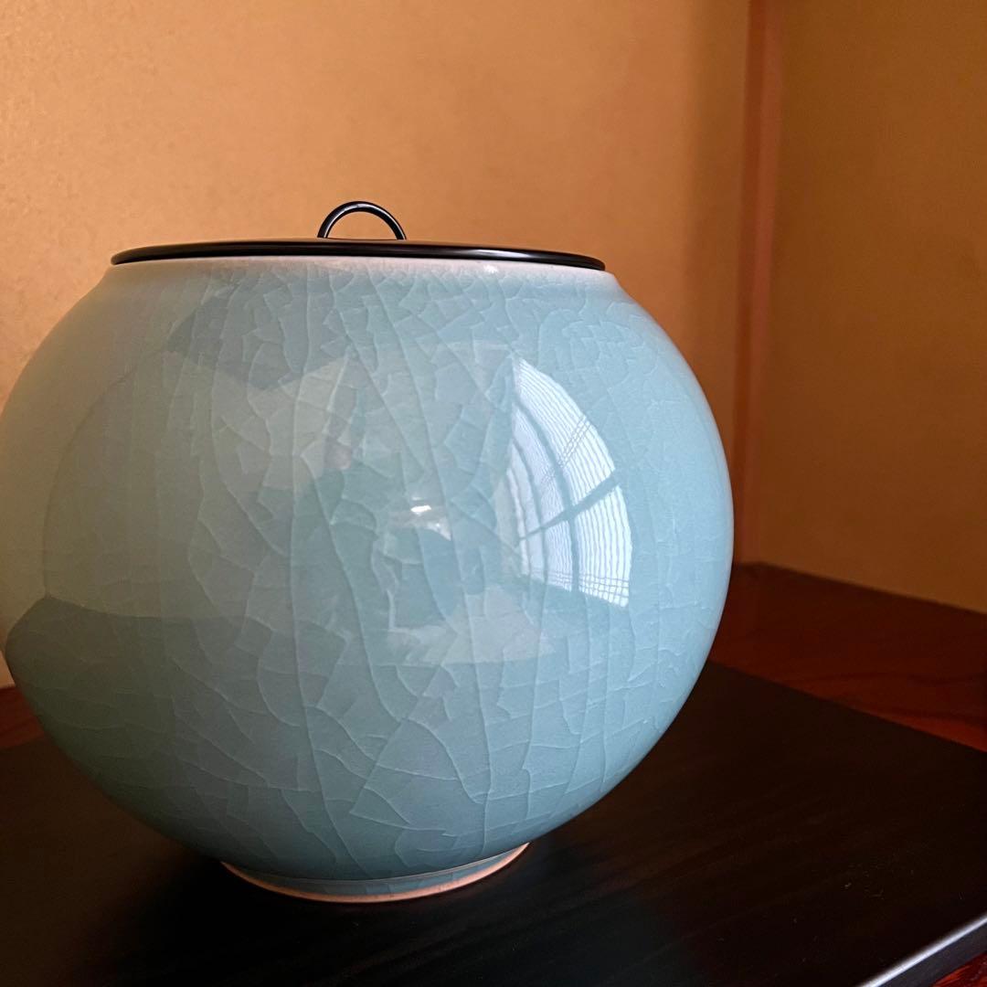 九谷焼 作家もの 青磁 水指 堂前忠正 茶道具 漆塗蓋付 共箱