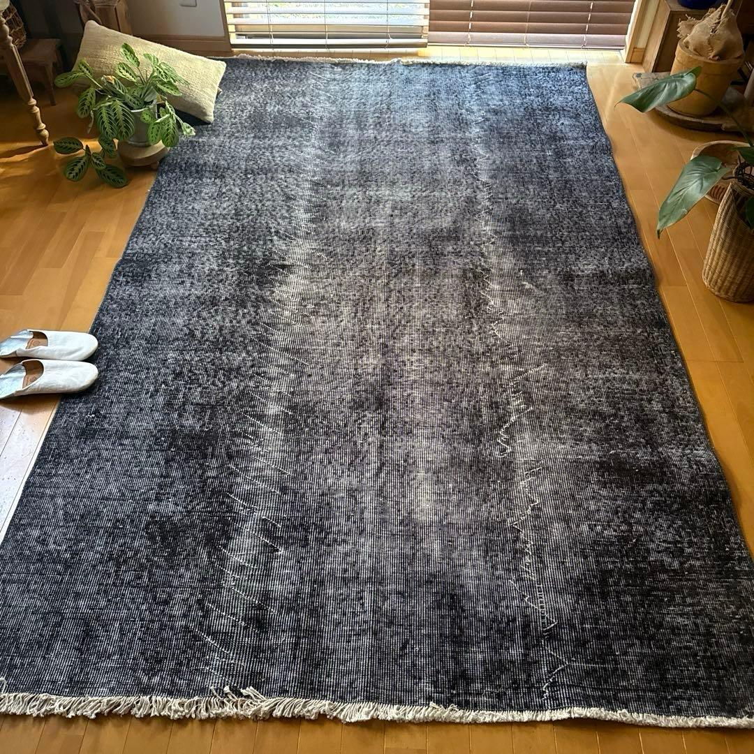 大判157×256レアカラー　ダークネイビーグレイ　擦れ　トルコヴィンテージラグ
