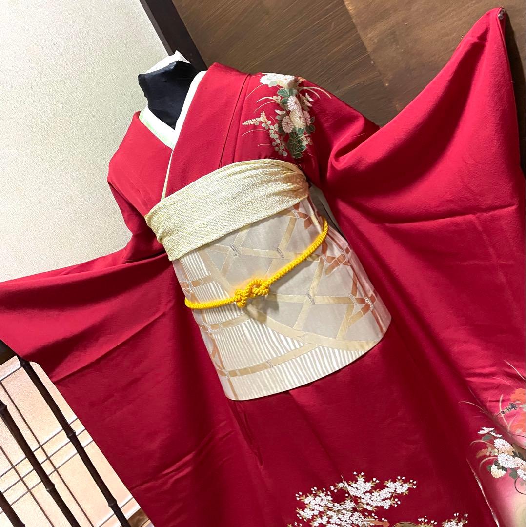 振袖フルセット6点サイズM〜Ｌ糸巻き花文　暈し染め　金彩　正絹