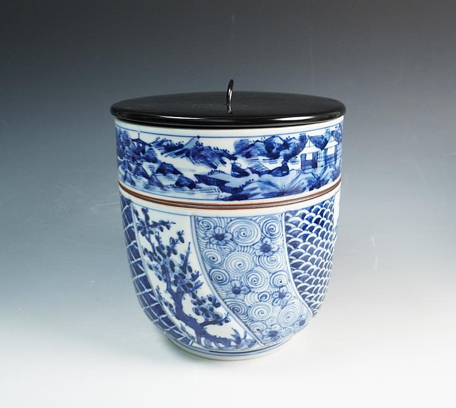 西村徳泉 青華山水松竹梅之図水指 共箱 茶道具