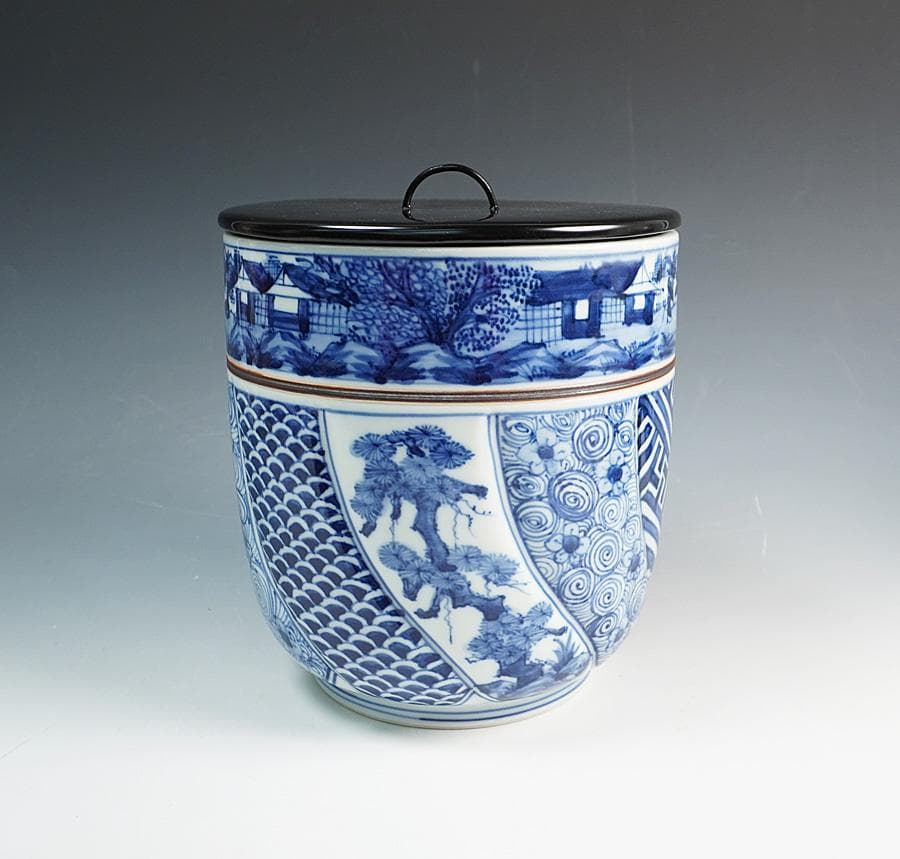 西村徳泉 青華山水松竹梅之図水指 共箱 茶道具