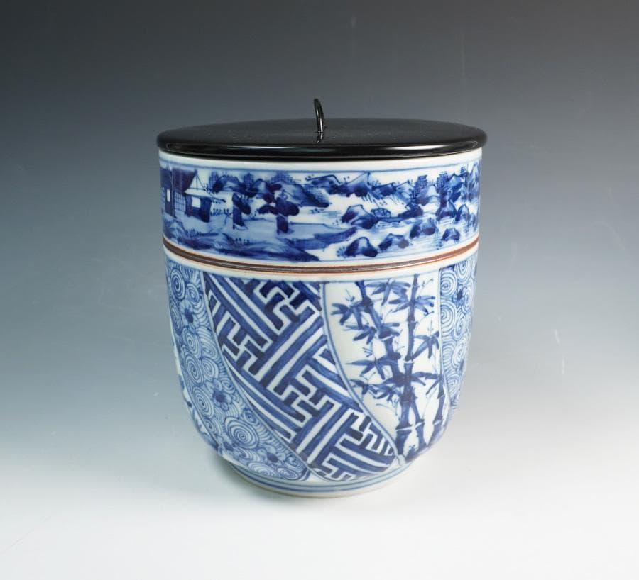 西村徳泉 青華山水松竹梅之図水指 共箱 茶道具