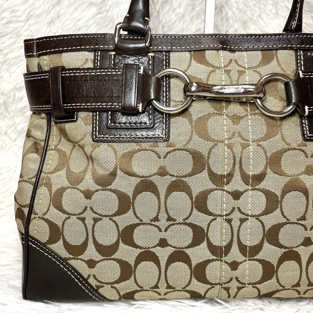 良品 COACH シグネチャー キャンバス ハンドバッグ ブラウン 金具