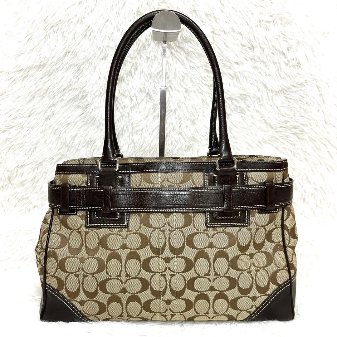 良品 COACH シグネチャー キャンバス ハンドバッグ ブラウン 金具