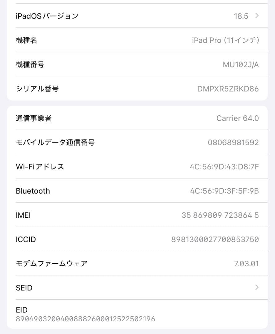 iPad Pro 11インチ 256GB MU102J/A 国内SIMフリー
