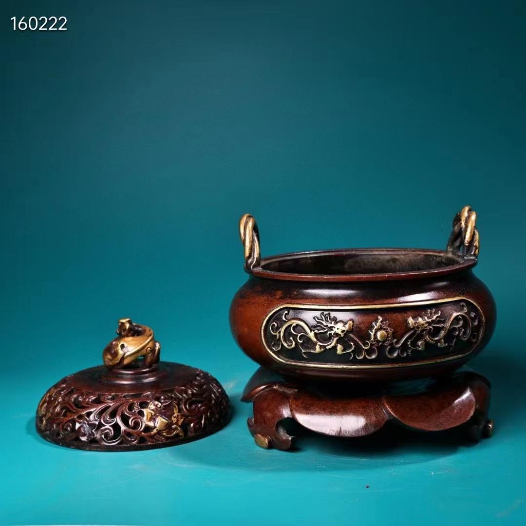 中国古美術・珍蔵・紫銅制・純手作り・鎏金高浮彫香炉・熏香爐・置物・文房具・書道品