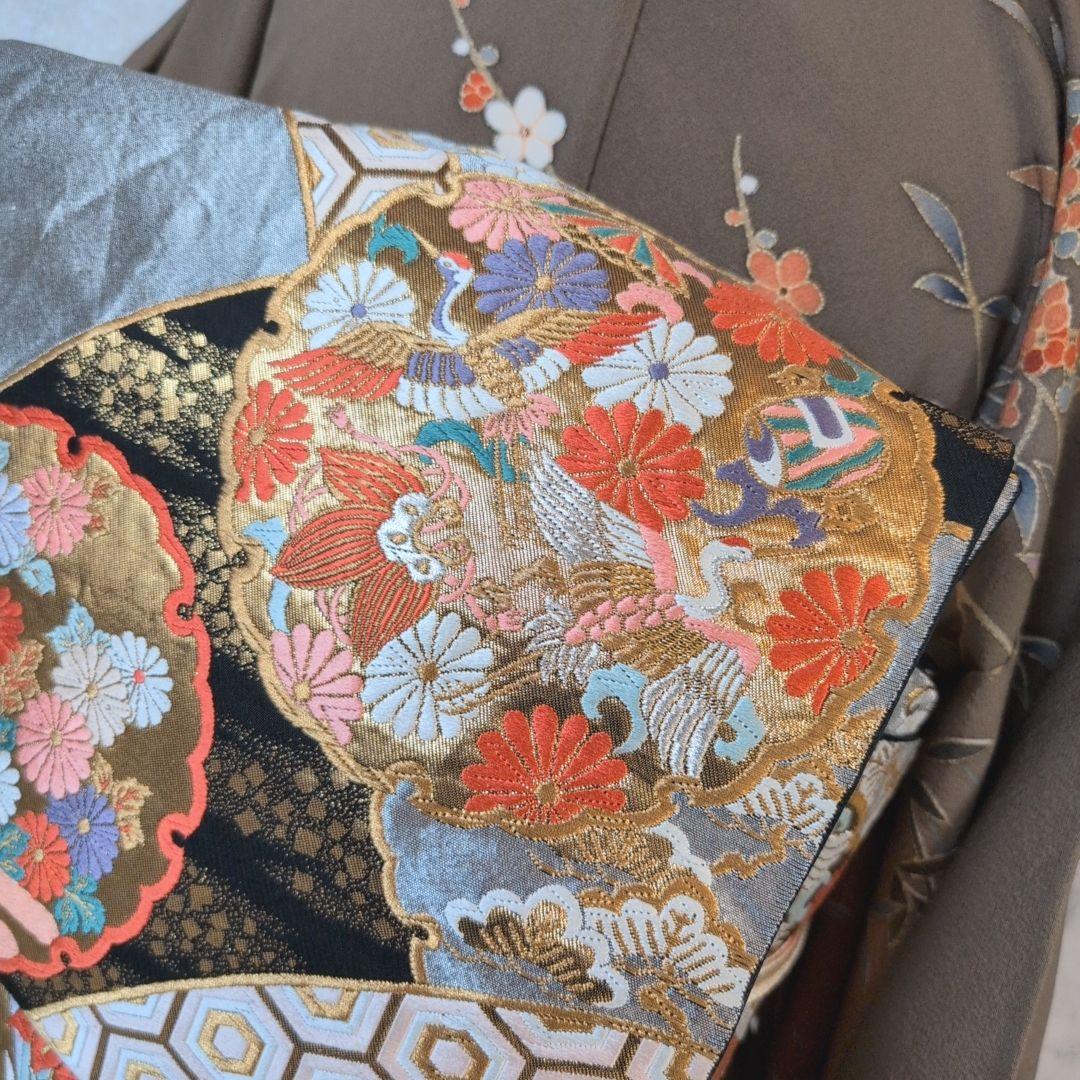 訪問着　フルセット　着物　正絹　ブラウン橙　金駒刺繍　花　O6