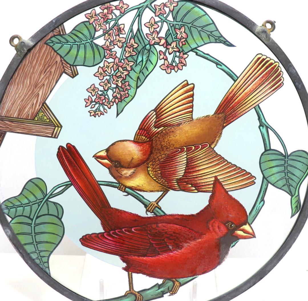 大型 赤と黄の二羽のショウジョウコウカンチョウ ヴィンテージ ステンドグラス 鳥
