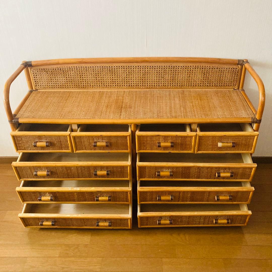 ヴィンテージ ラタン 籐 ワイド ローチェスト 棚 10杯 テレビ台 昭和レトロ