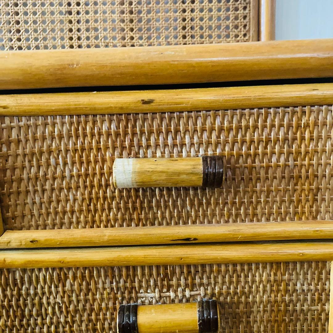 ヴィンテージ ラタン 籐 ワイド ローチェスト 棚 10杯 テレビ台 昭和レトロ