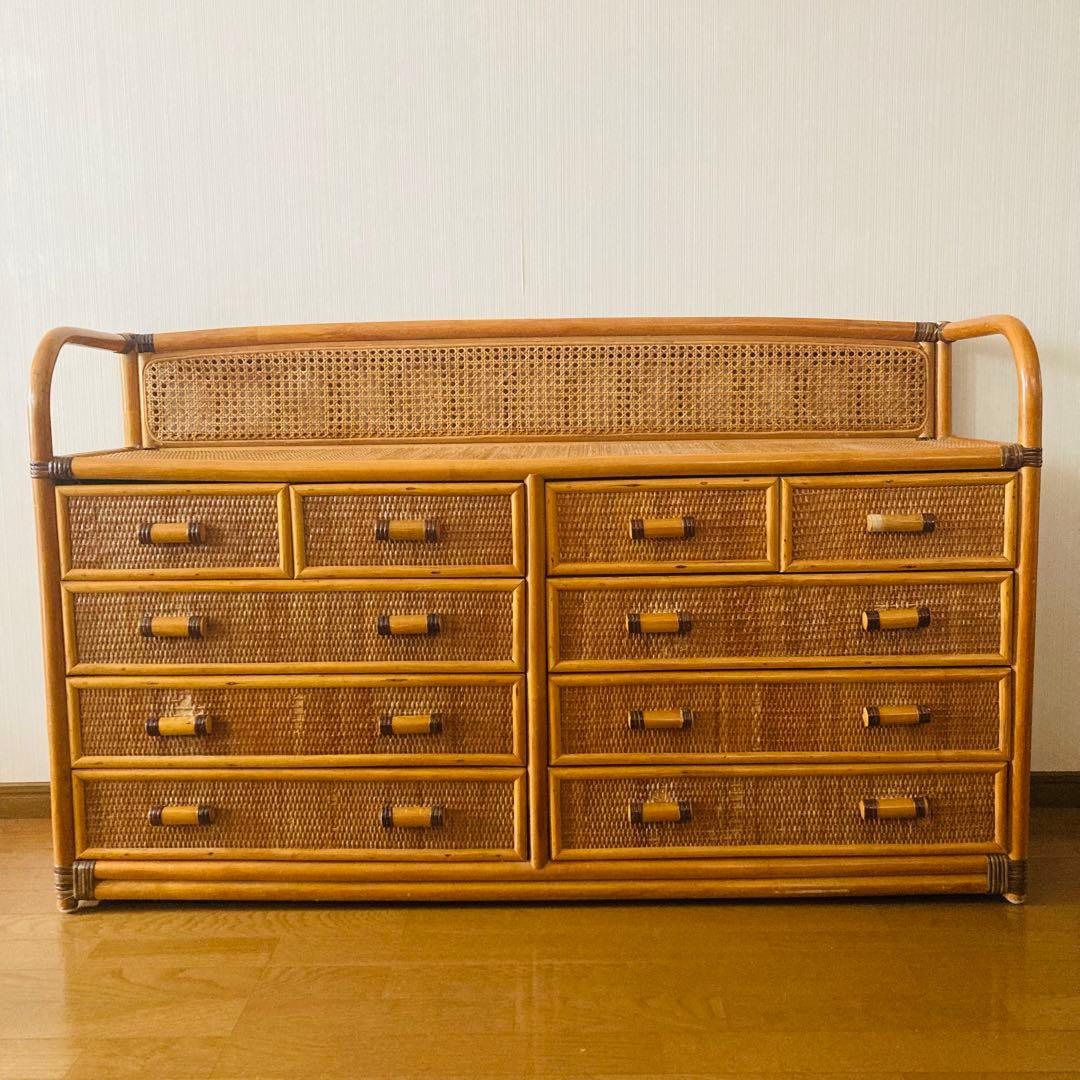 ヴィンテージ ラタン 籐 ワイド ローチェスト 棚 10杯 テレビ台 昭和レトロ