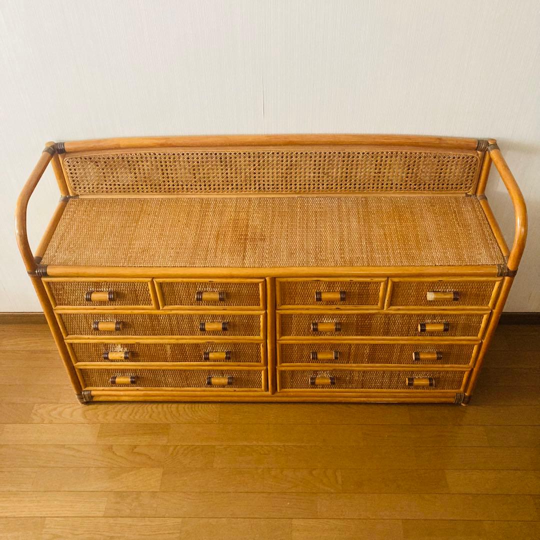 ヴィンテージ ラタン 籐 ワイド ローチェスト 棚 10杯 テレビ台 昭和レトロ