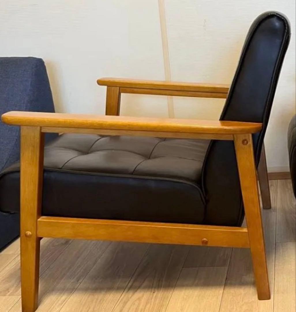 1人掛けソファ ブラウン 木肘 レトロモダン　A