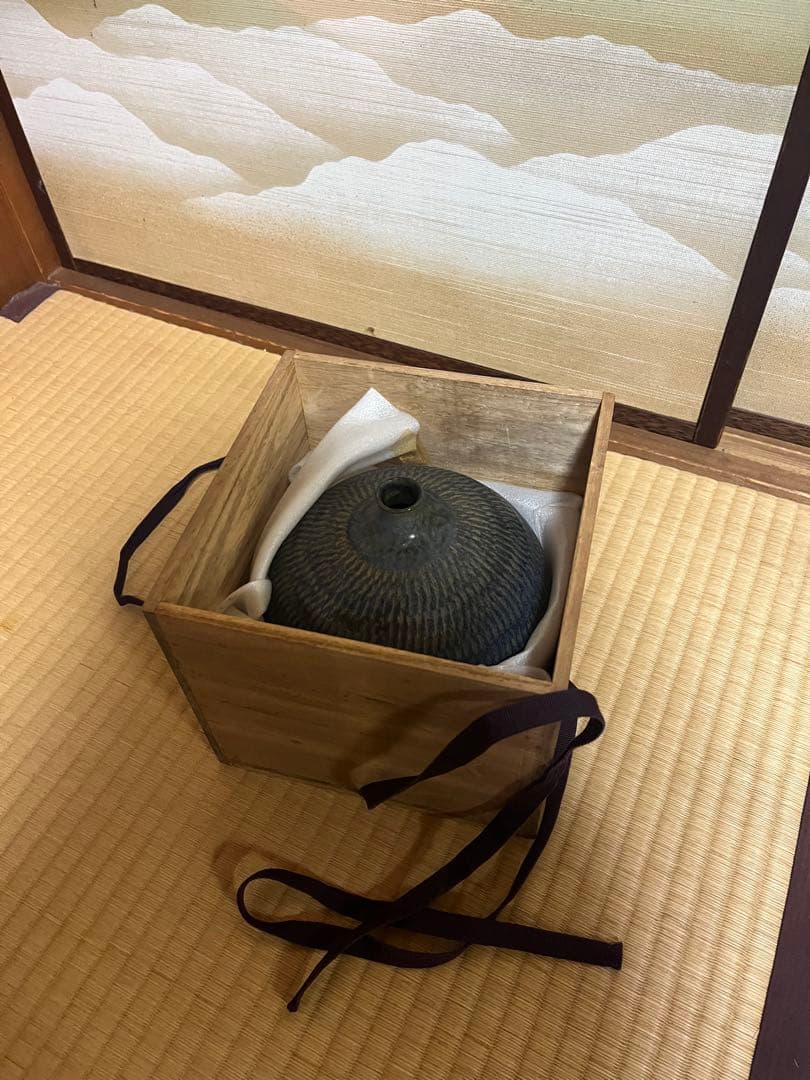 茶道具 青釉刷毛目草紋 水指 共箱付 作家物