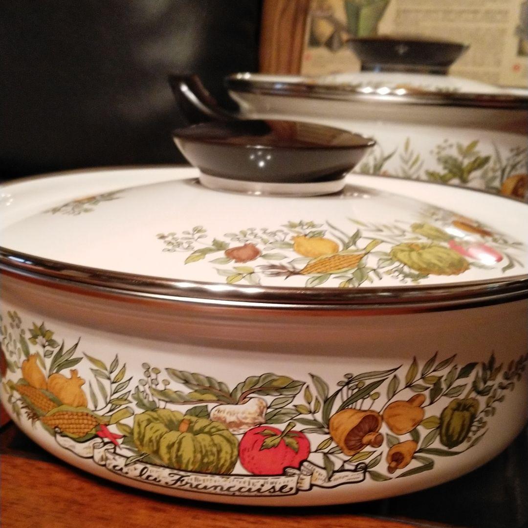 確認用♥️マルビシ♥️パイレックス♥️野菜柄♥️ホーロー鍋♥️レトロ鍋♥️硝子