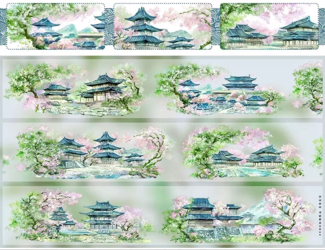 【9507】海外　5m巻　PETマスキングテープ　春景色　塔　装飾背景系