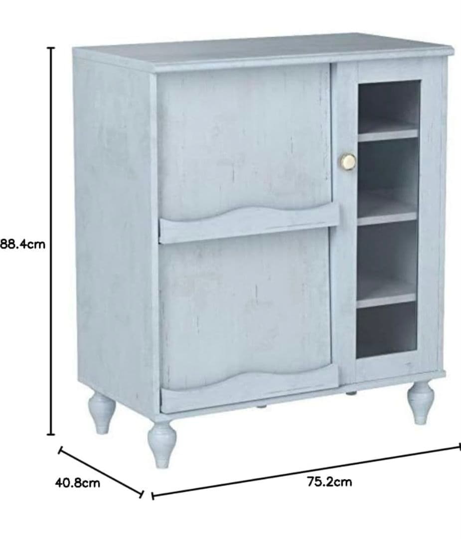 ライトブルー木製本棚 ガラス扉付き
