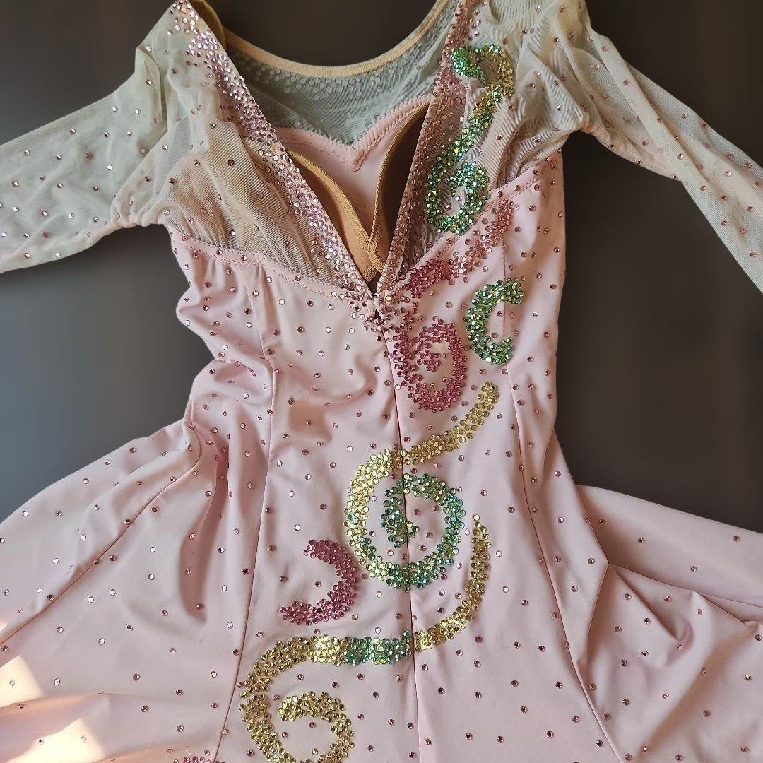 ラインストーン　チョーカー、イアリング付き　社交ダンス　シフォンドレス　ピンク