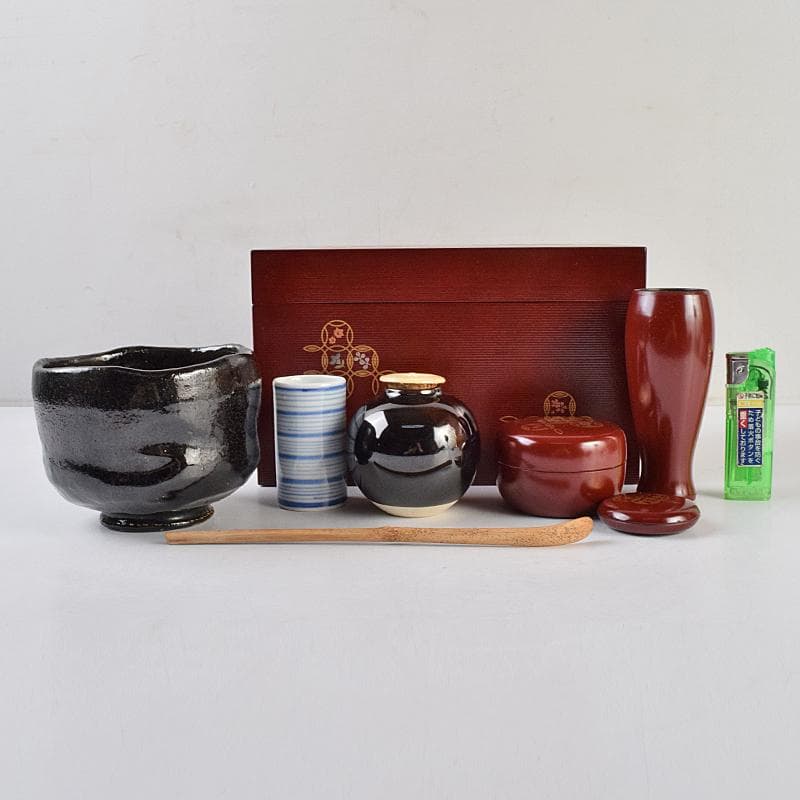 茶道具　うるみ塗　七宝蒔絵　利休茶箱　棗　黒楽茶碗など　七点　一式　MR9482